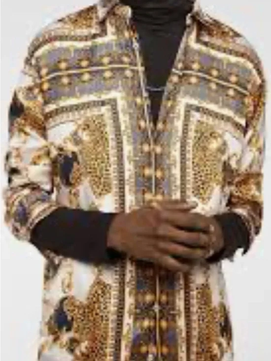 Zara Satin Print Button-Up Shirt – Baroque Pattern Long Sleeve - Picture 2 of 11